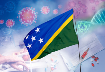 Coronavirus (COVID-19) outbreak and coronaviruses influenza background as dangerous flu strain cases as a pandemic medical health risk. Solomon Islands Flag with corona virus and their prevention.