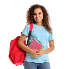 Female African-American student on white background