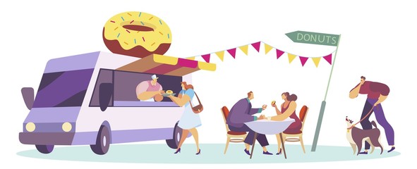 Fototapeta premium People eat donut on street, park, characters male, female taste fast food, isolated on white, flat vector illustration. Donut truck, street sweet foodstuff. Human relax and eat unhealthy food.