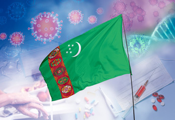 Coronavirus (COVID-19) outbreak and coronaviruses influenza background as dangerous flu strain cases as a pandemic medical health risk. Turkmenistan Flag with corona virus and their prevention.