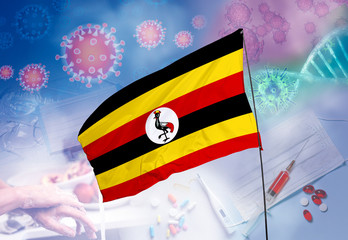 Coronavirus (COVID-19) outbreak and coronaviruses influenza background as dangerous flu strain cases as a pandemic medical health risk. Uganda Flag with corona virus and their prevention.