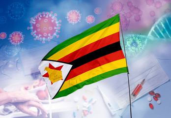 Coronavirus (COVID-19) outbreak and coronaviruses influenza background as dangerous flu strain cases as a pandemic medical health risk. Zimbabwe Flag with corona virus and their prevention.