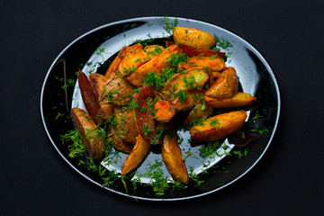 rural potatoes in a plate on a dark background. Top view. Place for text.