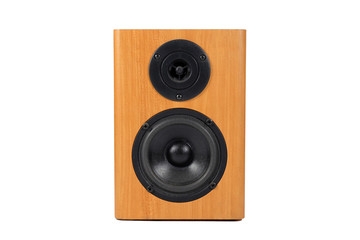 Wooden music speaker isolated on a white background. The concept of music.