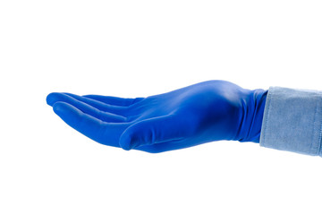Hand of a man in a blue rubber glove isolated on a white background.