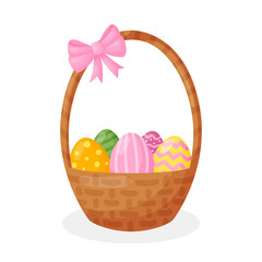 Easter basket with colored eggs isolated on white background. Great for Easter decor. Vector illustration.