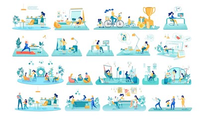 Working and Resting People Flat Illustrations Set