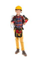 Cute little electrician on white background