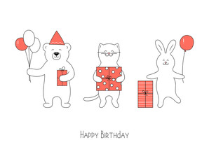Hand drawn cute animals for happy birthday on white. Bear, cat and rabbit with gifts and balloons wish you a happy birthday. Vector illustration in cartoon style. 
