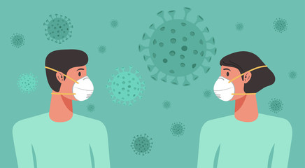 man and woman wearing n95 mask stay at home to prevent virus spreading, flu prevention, coronavirus or covid-19, social isolation, self quarantine, new normal concept, vector character cartoon
