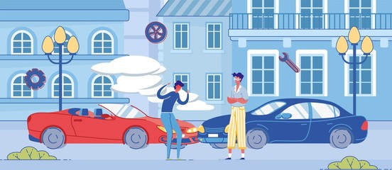 Angry Man Argue on Street near Crushed Automobile