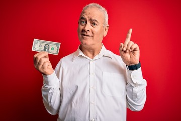 Middle age hoary man holding one dollar banknote over isolated red background surprised with an idea or question pointing finger with happy face, number one