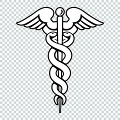 Caduceus as a symbol of medicine isolated on transparent background. Health icon (Rod of Asclepius) vector illustration.