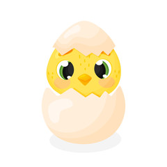 Easter chick in a shell. Cute cartoon Chicken isolated on white background. Little funny character. Vector illustration.