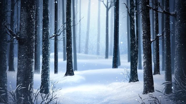 Winter Woods Snowfall and Fog 4K Loop features a dark forest with snow falling gently in a seamless loop.