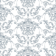 Seamless pattern with baroque, rocco style birds and swirls elements