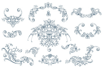 Floral decorative vector elements set, rococo and baroque style, vintage royal details - obrazy, fototapety, plakaty