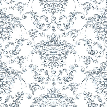Seamless pattern with baroque, rocco style birds and swirls elements
