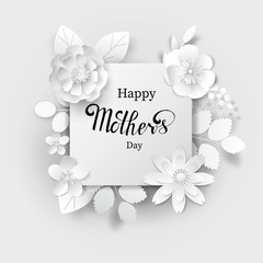 Paper art flowers background with lettering Happy mother day.
