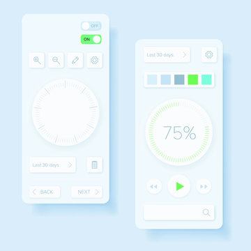 Neomorphic skeuomorphic ui user interface design - mobile app layout. Light clay minimal application elements.