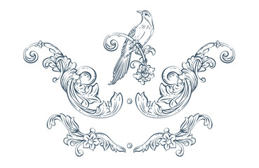 Floral decorative vector elements with bird, rococo and baroque style