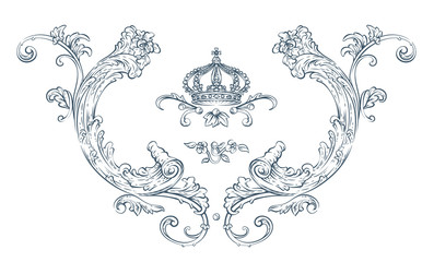 Floral decorative vector elements with crown, rococo and baroque style