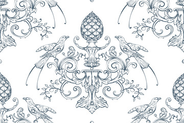 Seamless pattern with baroque luxury decorative elements, rocco style birds, cone and fashion swirls