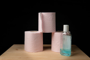 Toilet paper and alcohol gel stock for quarantine during corona virus (covid-19) crisis.