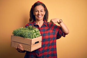 Middle age brunette woman holding wooden box garden of fresh plants with surprise face pointing finger to himself