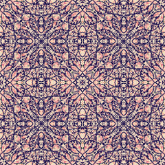 abstract floral ornaments drawn with dark blue lines on a light pink background, seamless pattern, illustrations,