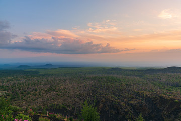 Dramatic views of the volcanic landscape. Kamchatka Peninsula.