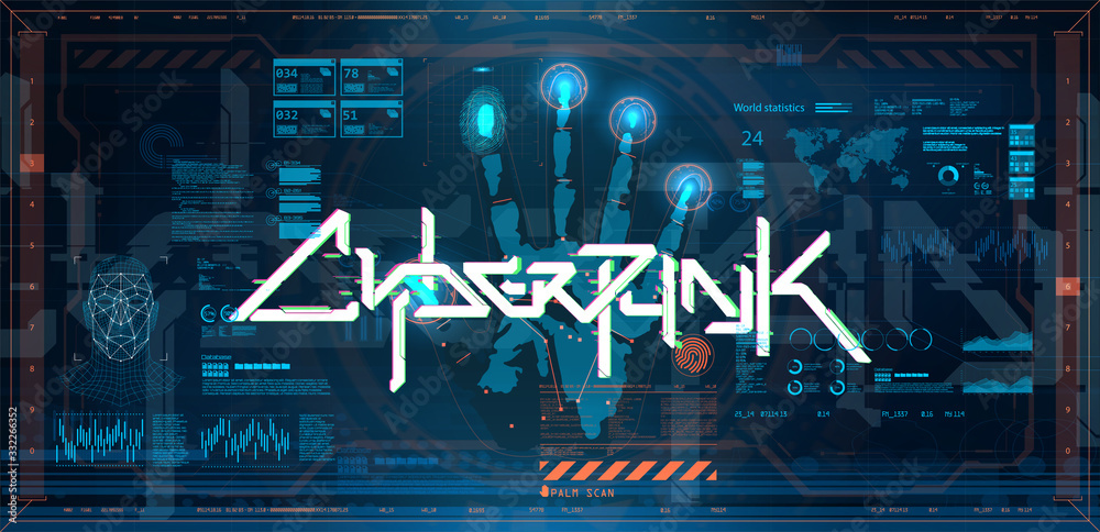 Poster futuristic cyberpunk poster with elements hud, gui, ui. hi-tech interface and biometric recognition 