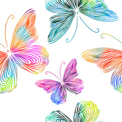 Flying butterflies in watercolor. Seamless background. Mixed media. Vector illustration
