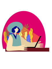 Girl sitting on the floor and working with laptop in social networks. Hand drawn. Vector illustration. Cute girl. Vector illustration in flat cartoon style. background of leafy plants