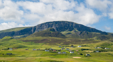 Scenic rural landscape of scottish highlands. Island of Skye, Hebrides archipelago, Scotland.