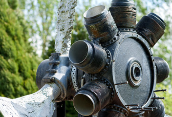 Old rusty engine of war plane with propeller