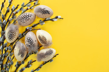 Easter eggs decorated with feathers next to Easter catkins on a yellow background - obrazy, fototapety, plakaty