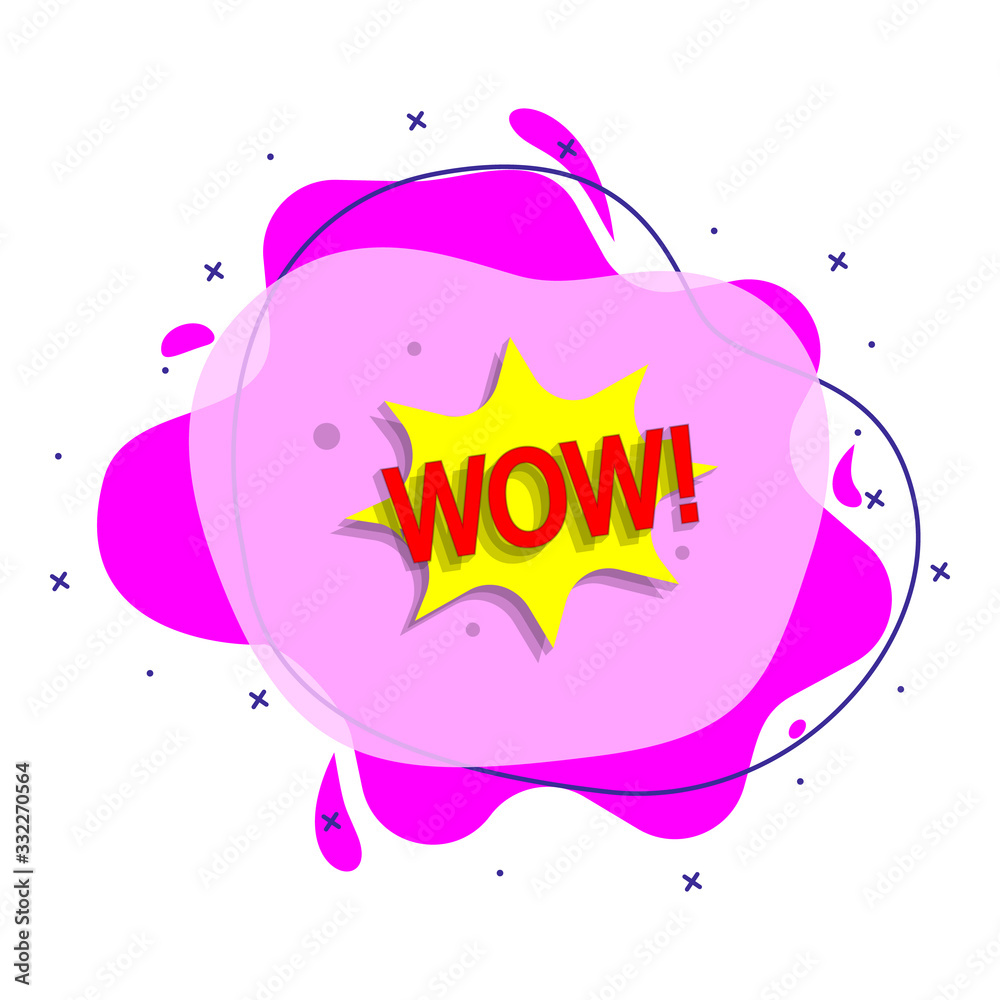 Poster comic speech bubble with expression text wow liquid bacdge icon. simple color vector of people aroun