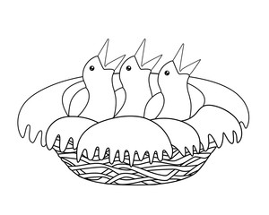 Chicks in the nest - vector linear picture for coloring. Three little chicks in a cozy nest - vector spring cute, cartoon picture. Outline. Hand drawing.