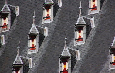 Texture of a steep slate roof with dormers and painted wooden window shutters on the gothic town...