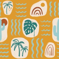 Abstract summer seamless pattern with palm tree, monstera, cactus, rainbows, sun, moon and waves. Hand drawn tropical illustration on mustard color background. Trendy exotic art printable.