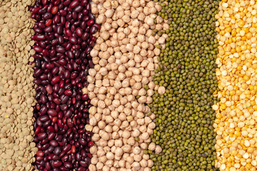 Multicolor dired legumes for background, Different dry bean