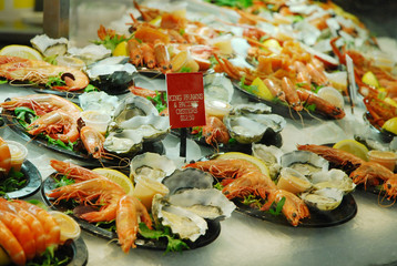 Fresh seafood platter of shrimp and oyster on sale. The Sydney Fish Market is a fish market in...