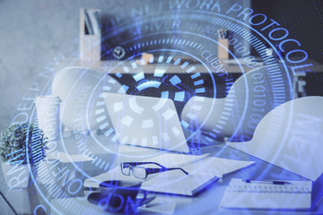 Double exposure of data theme drawing and office interior background. Concept of technology.