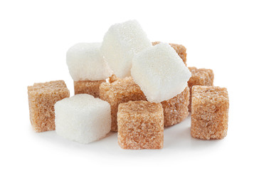 Cubes of sweet sugar on white background