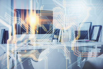 Multi exposure of world map drawing and office interior background. Concept of international network.