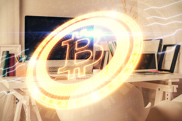 Double exposure of crypto technology theme drawing and office interior background. Concept of...