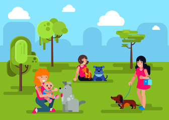 Obraz na płótnie Canvas Dogs with people owners walking in city park vector illustration. Various cartoon dogs pets domestic animals and happy girls young woman with baby sitting in park grass together.