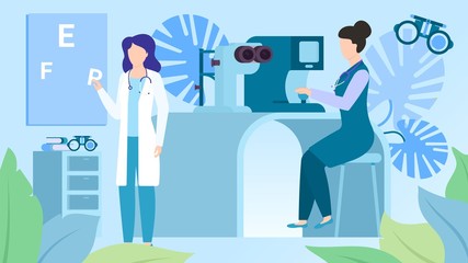 Ophthalmologists okulists doctors in medical care clinic or hospital office vector illustration. Optometrist tests vision and check up eyes health. Ophthalmological equipment.