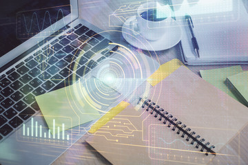Multi exposure of technology theme drawing and desktop with coffee and items on table background. Concept of data research.